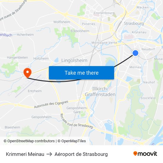 Krimmeri Meinau to Aéroport de Strasbourg map