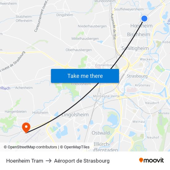 Hoenheim Tram to Aéroport de Strasbourg map