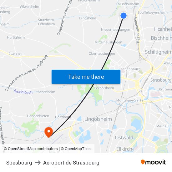 Spesbourg to Aéroport de Strasbourg map