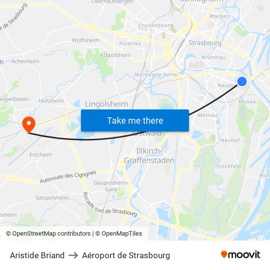 Aristide Briand to Aéroport de Strasbourg map