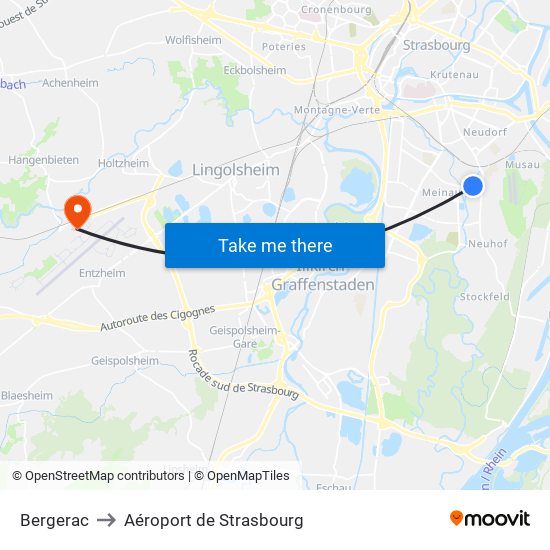 Bergerac to Aéroport de Strasbourg map