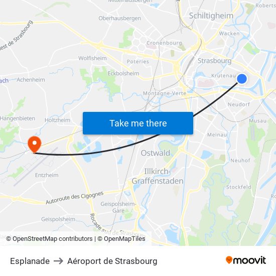 Esplanade to Aéroport de Strasbourg map