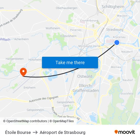 Étoile Bourse to Aéroport de Strasbourg map