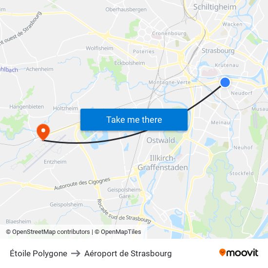 Étoile Polygone to Aéroport de Strasbourg map