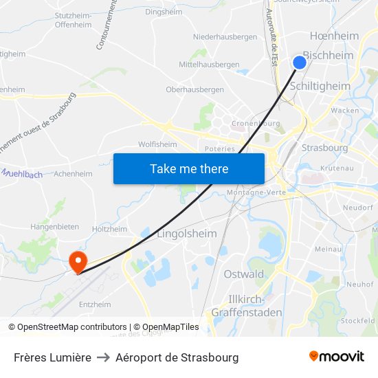Frères Lumière to Aéroport de Strasbourg map
