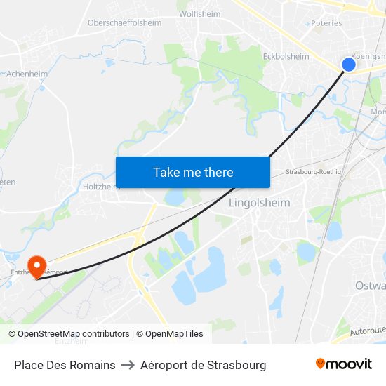 Place Des Romains to Aéroport de Strasbourg map