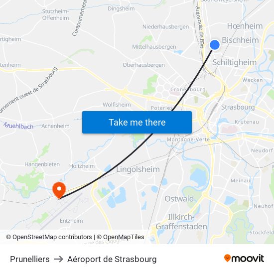 Prunelliers to Aéroport de Strasbourg map