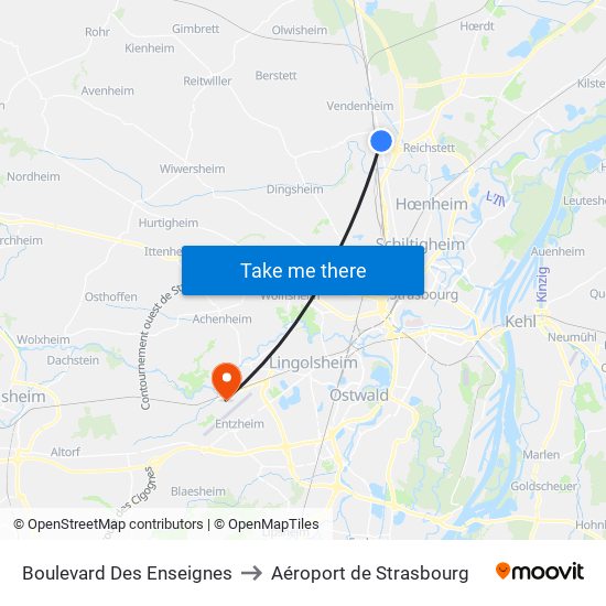 Boulevard Des Enseignes to Aéroport de Strasbourg map