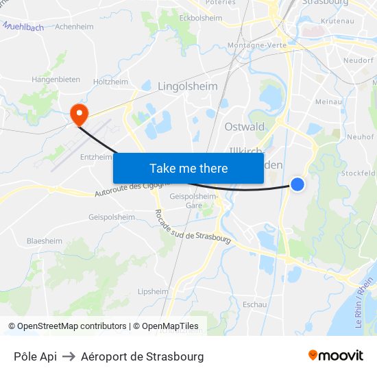 Pôle Api to Aéroport de Strasbourg map