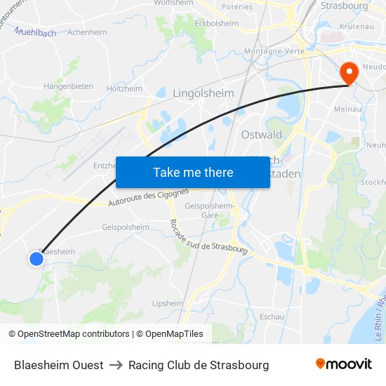 Blaesheim Ouest to Racing Club de Strasbourg map