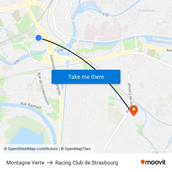 Montagne Verte to Racing Club de Strasbourg map