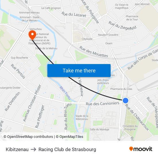 Kibitzenau to Racing Club de Strasbourg map
