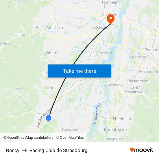 Nancy to Racing Club de Strasbourg map