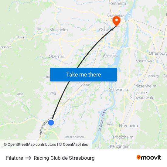 Filature to Racing Club de Strasbourg map