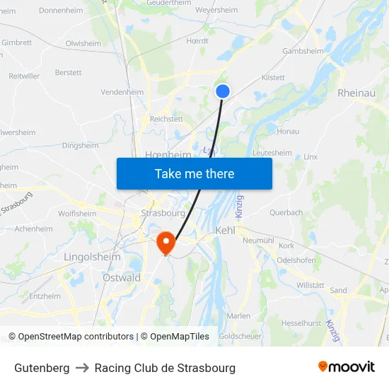 Gutenberg to Racing Club de Strasbourg map