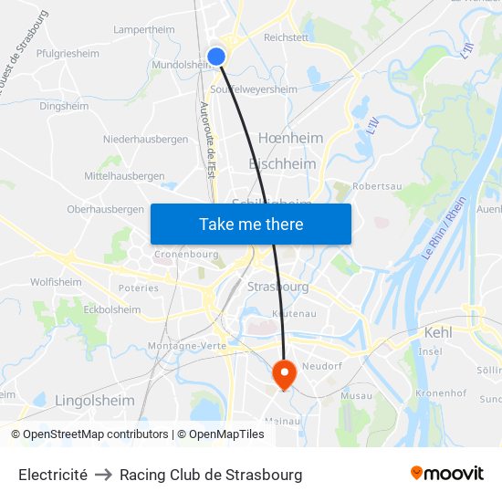 Electricité to Racing Club de Strasbourg map