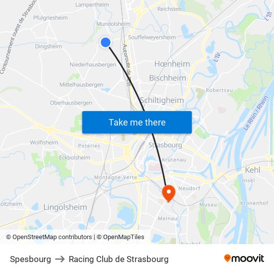 Spesbourg to Racing Club de Strasbourg map