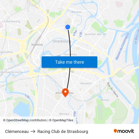 Clémenceau to Racing Club de Strasbourg map