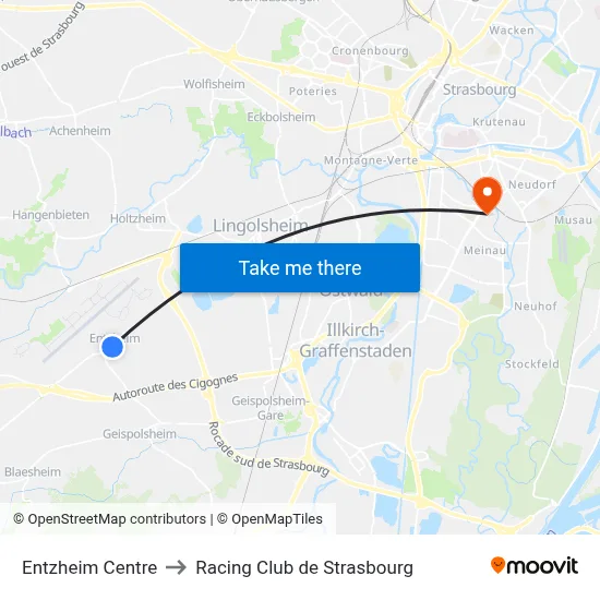 Entzheim Centre to Racing Club de Strasbourg map