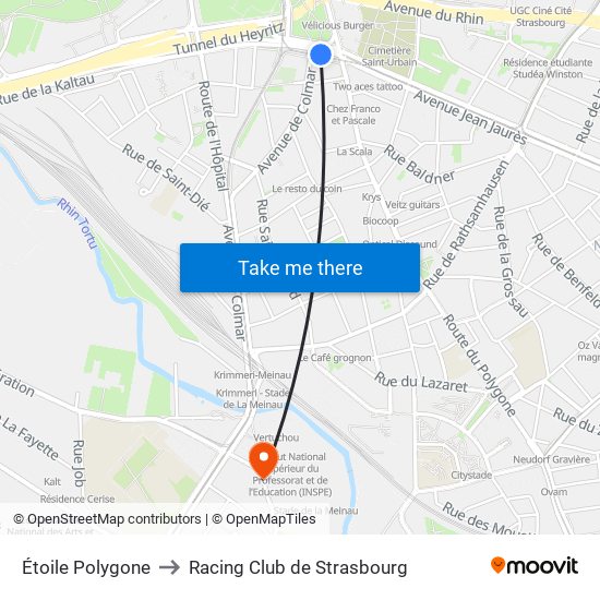 Étoile Polygone to Racing Club de Strasbourg map