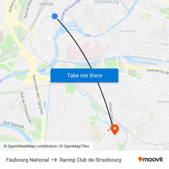 Faubourg National to Racing Club de Strasbourg map