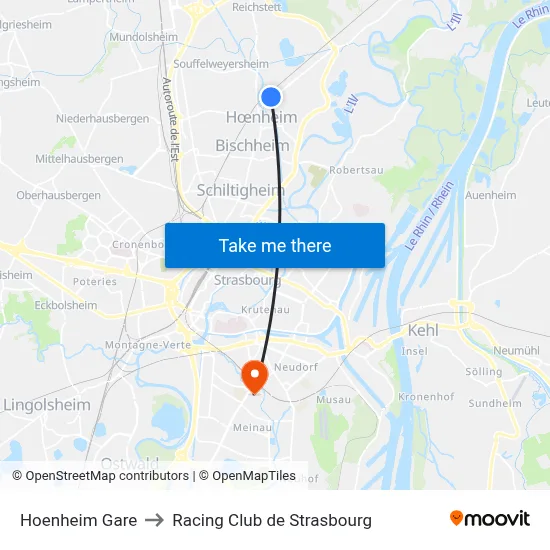 Hoenheim Gare to Racing Club de Strasbourg map