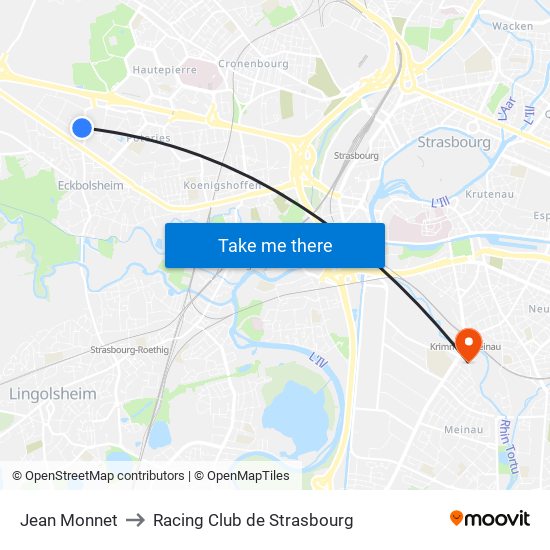 Jean Monnet to Racing Club de Strasbourg map