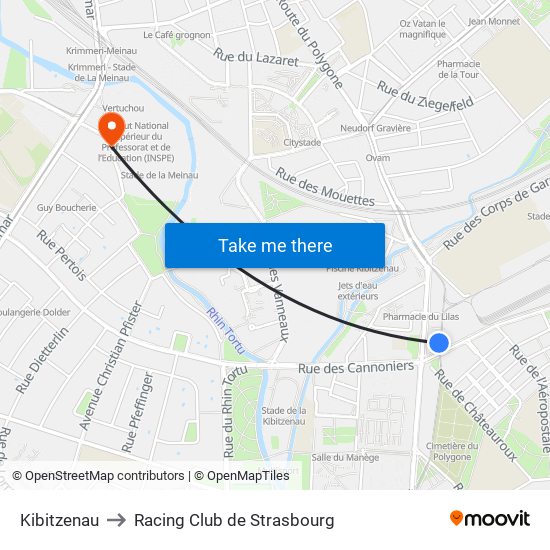 Kibitzenau to Racing Club de Strasbourg map