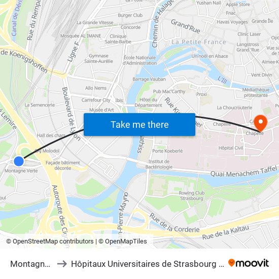 Montagne Verte to Hôpitaux Universitaires de Strasbourg Hôpital Civil-Autres map