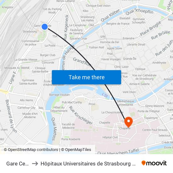 Gare Centrale to Hôpitaux Universitaires de Strasbourg Hôpital Civil-Autres map