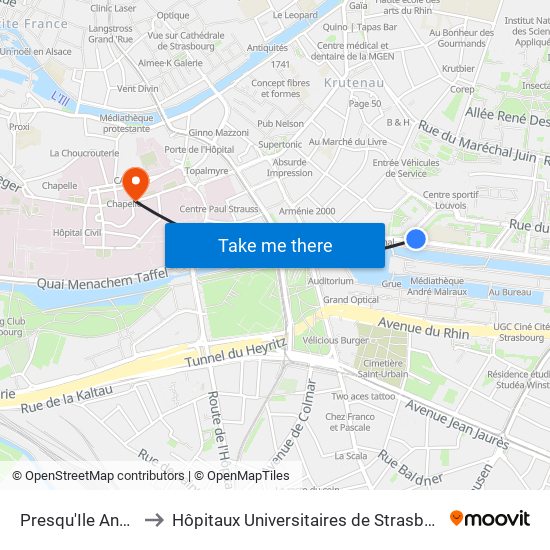Presqu'Ile André Malraux to Hôpitaux Universitaires de Strasbourg Hôpital Civil-Autres map