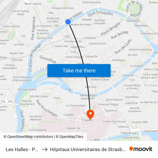 Les Halles - Pont De Paris to Hôpitaux Universitaires de Strasbourg Hôpital Civil-Autres map