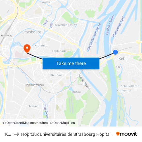 Kehl to Hôpitaux Universitaires de Strasbourg Hôpital Civil-Autres map