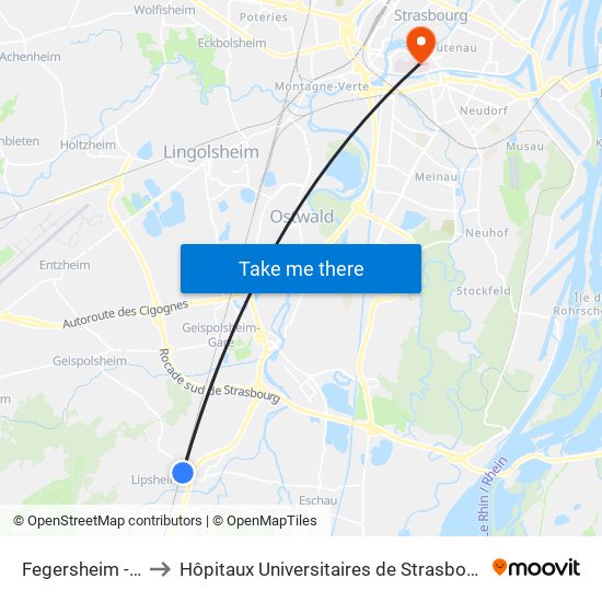 Fegersheim - Lipsheim to Hôpitaux Universitaires de Strasbourg Hôpital Civil-Autres map