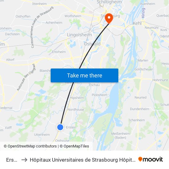 Erstein to Hôpitaux Universitaires de Strasbourg Hôpital Civil-Autres map