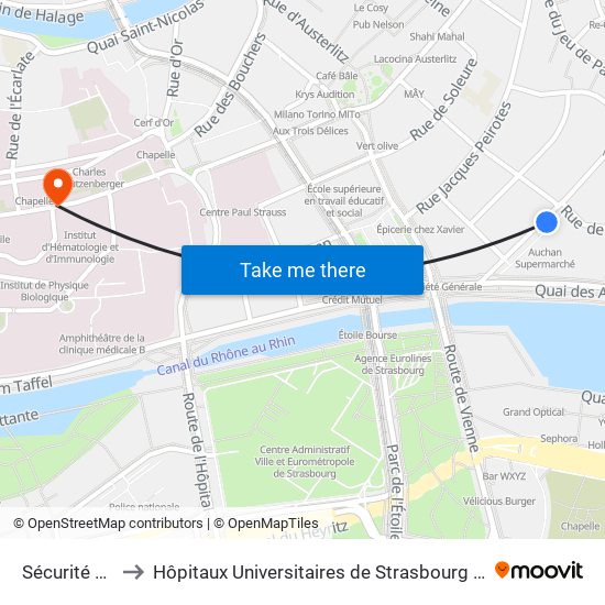 Sécurité Sociale to Hôpitaux Universitaires de Strasbourg Hôpital Civil-Autres map