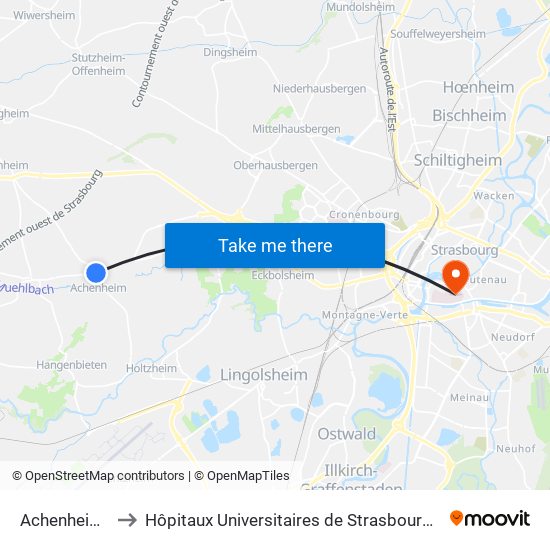 Achenheim Ouest to Hôpitaux Universitaires de Strasbourg Hôpital Civil-Autres map