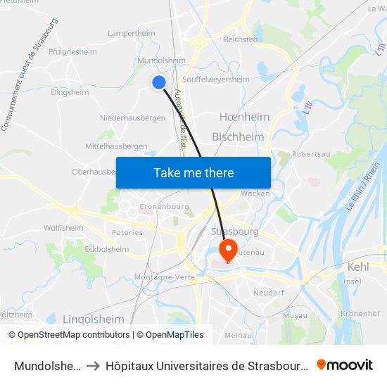 Mundolsheim Parc to Hôpitaux Universitaires de Strasbourg Hôpital Civil-Autres map