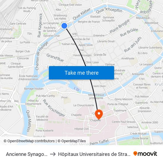 Ancienne Synagogue / Les Halles to Hôpitaux Universitaires de Strasbourg Hôpital Civil-Autres map