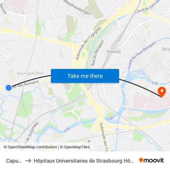 Capucins to Hôpitaux Universitaires de Strasbourg Hôpital Civil-Autres map