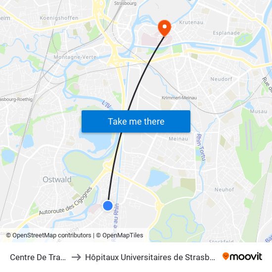 Centre De Traumatologie to Hôpitaux Universitaires de Strasbourg Hôpital Civil-Autres map