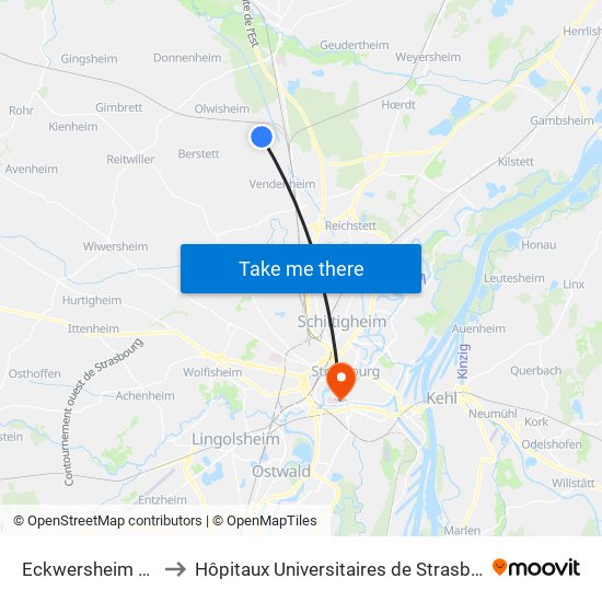Eckwersheim Hippodrome to Hôpitaux Universitaires de Strasbourg Hôpital Civil-Autres map