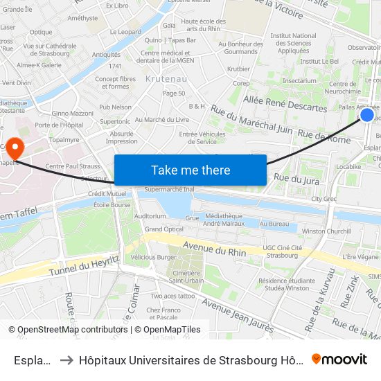 Esplanade to Hôpitaux Universitaires de Strasbourg Hôpital Civil-Autres map