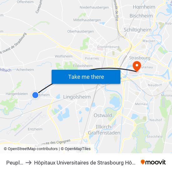 Peupliers to Hôpitaux Universitaires de Strasbourg Hôpital Civil-Autres map