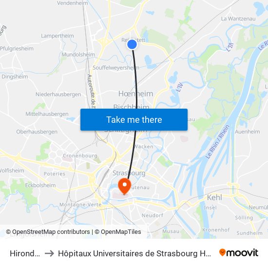 Hirondelles to Hôpitaux Universitaires de Strasbourg Hôpital Civil-Autres map