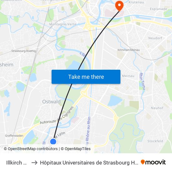 Illkirch Mairie to Hôpitaux Universitaires de Strasbourg Hôpital Civil-Autres map