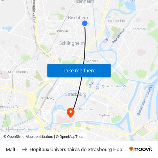 Malterie to Hôpitaux Universitaires de Strasbourg Hôpital Civil-Autres map