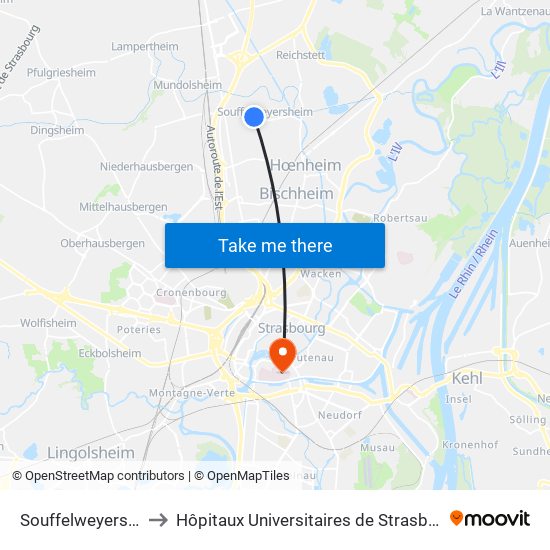 Souffelweyersheim Centre to Hôpitaux Universitaires de Strasbourg Hôpital Civil-Autres map