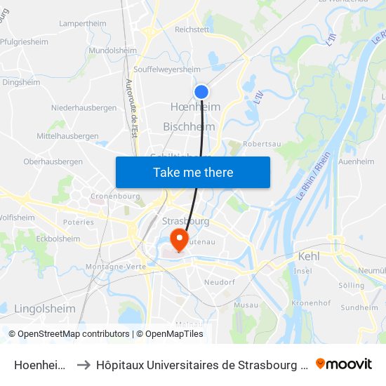 Hoenheim Gare to Hôpitaux Universitaires de Strasbourg Hôpital Civil-Autres map