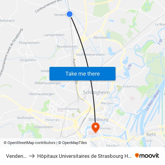 Vendenheim to Hôpitaux Universitaires de Strasbourg Hôpital Civil-Autres map